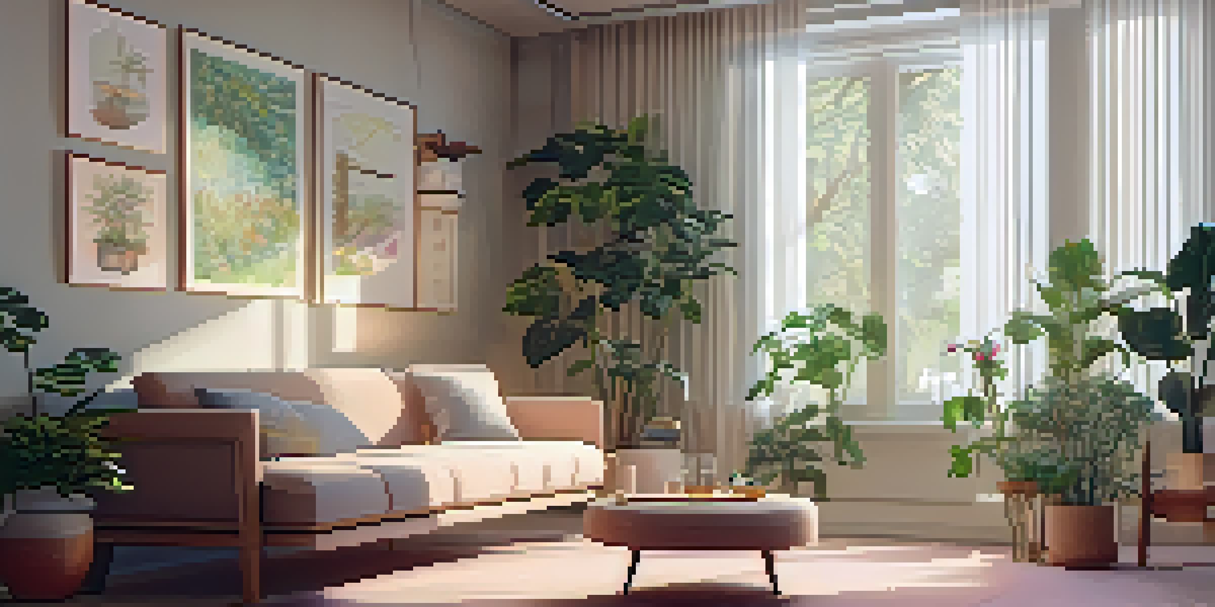 A cozy therapy room with soft lighting, plants, and a couch, creating a calming atmosphere for therapy sessions.