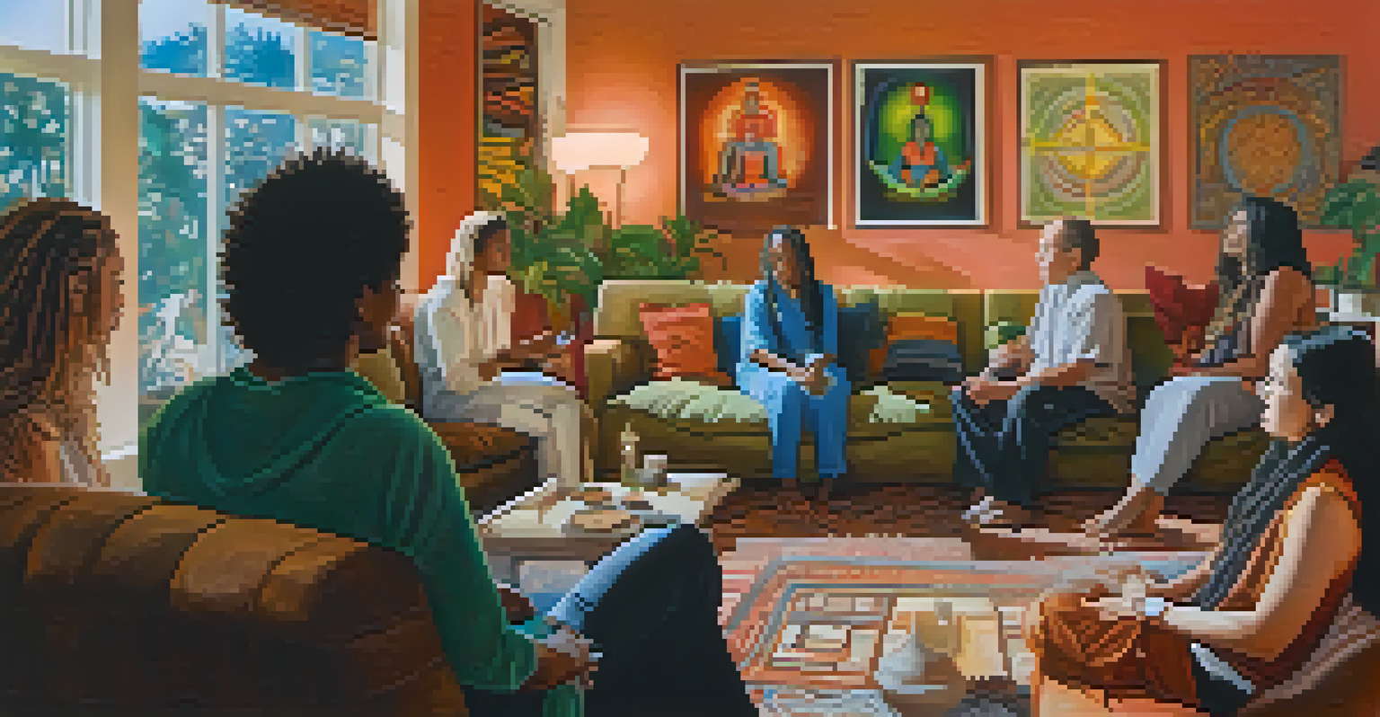 A diverse group of individuals discussing entheogens in a modern spiritual setting with ambient lighting.