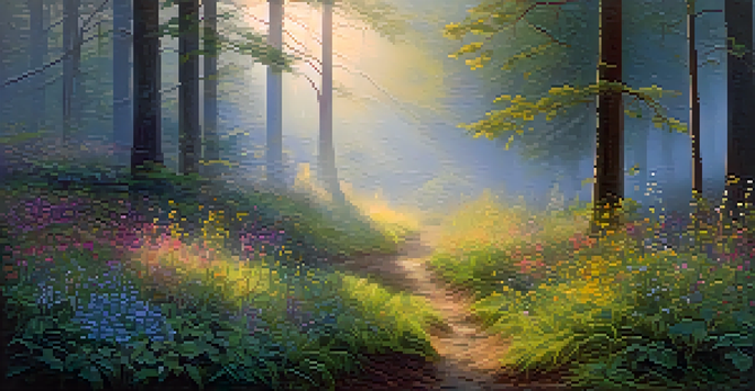 A peaceful forest clearing at dawn with golden light and colorful wildflowers.
