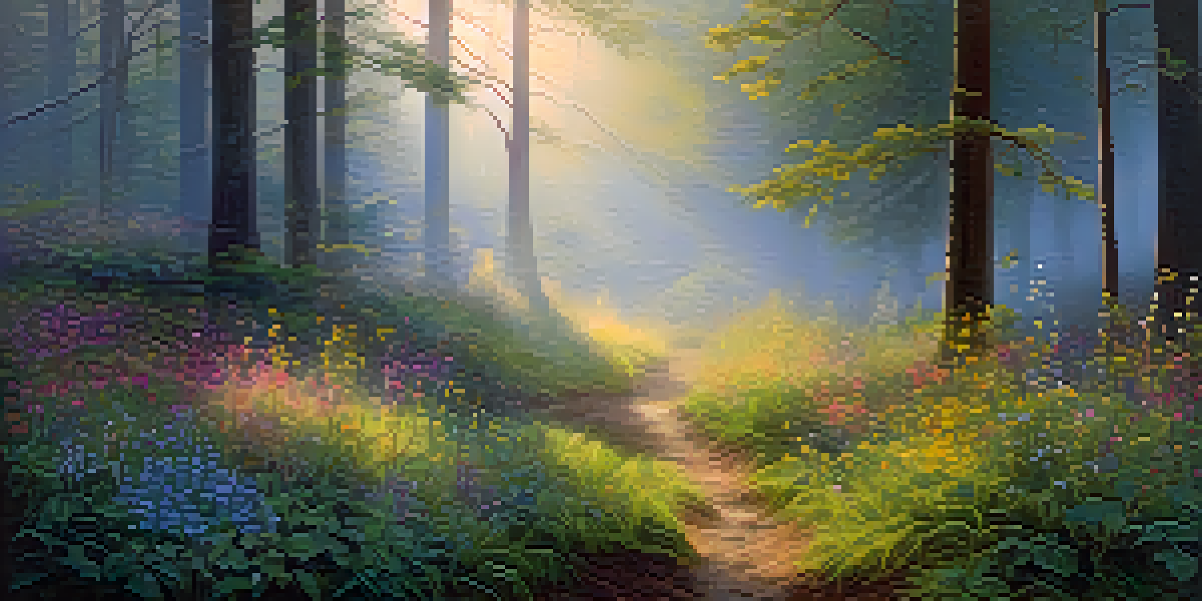 A peaceful forest clearing at dawn with golden light and colorful wildflowers.