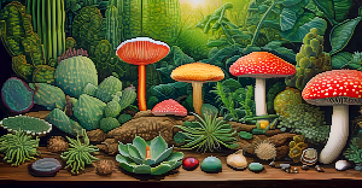 A vibrant arrangement of entheogenic plants on a wooden surface, highlighting their unique features.