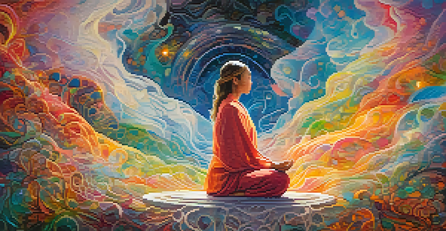 A mystical figure meditating in a colorful, dream-like landscape.
