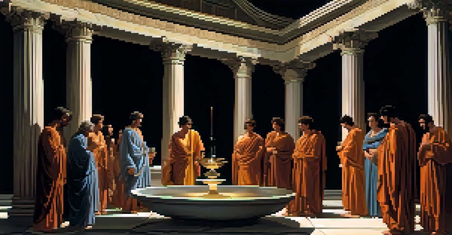 An ancient Greek ritual scene with participants in flowing robes in a dimly lit temple, centered around a large bowl.