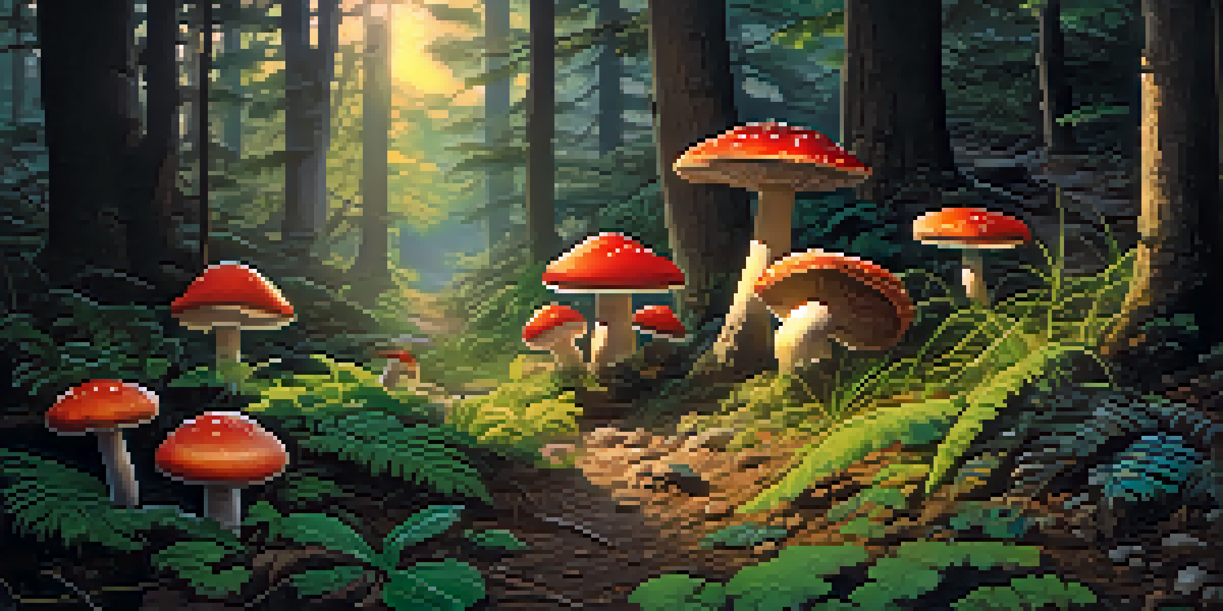 A peaceful forest with colorful mushrooms and soft twilight light filtering through the trees.