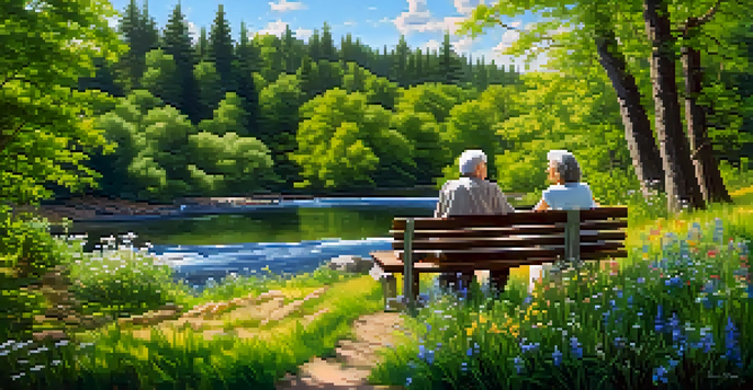 An elderly couple sitting on a bench in a sunlit forest, laughing together with a stream flowing nearby and colorful wildflowers around them.