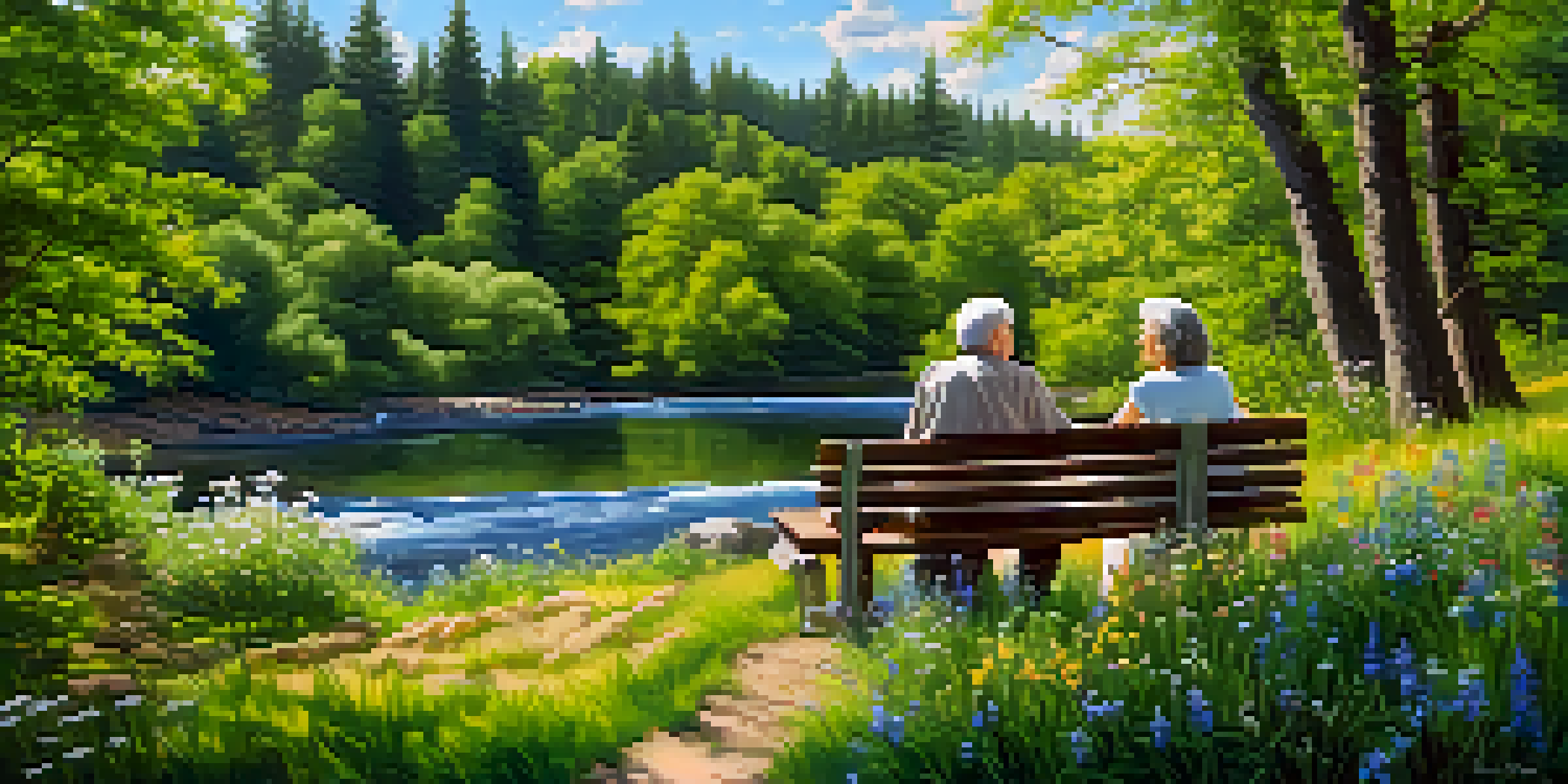 An elderly couple sitting on a bench in a sunlit forest, laughing together with a stream flowing nearby and colorful wildflowers around them.