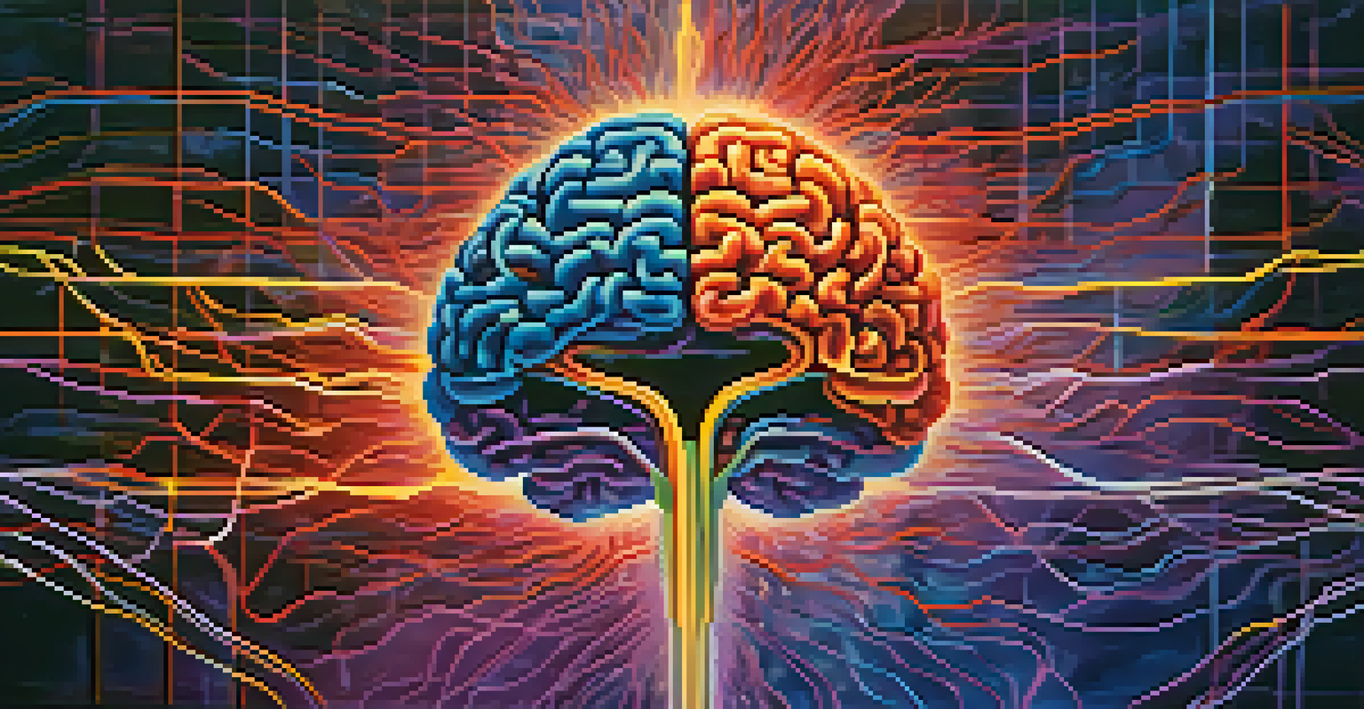 An abstract image of a brain with illuminated neural pathways in vibrant colors against a mystical blue and purple background, symbolizing creativity and consciousness expansion.