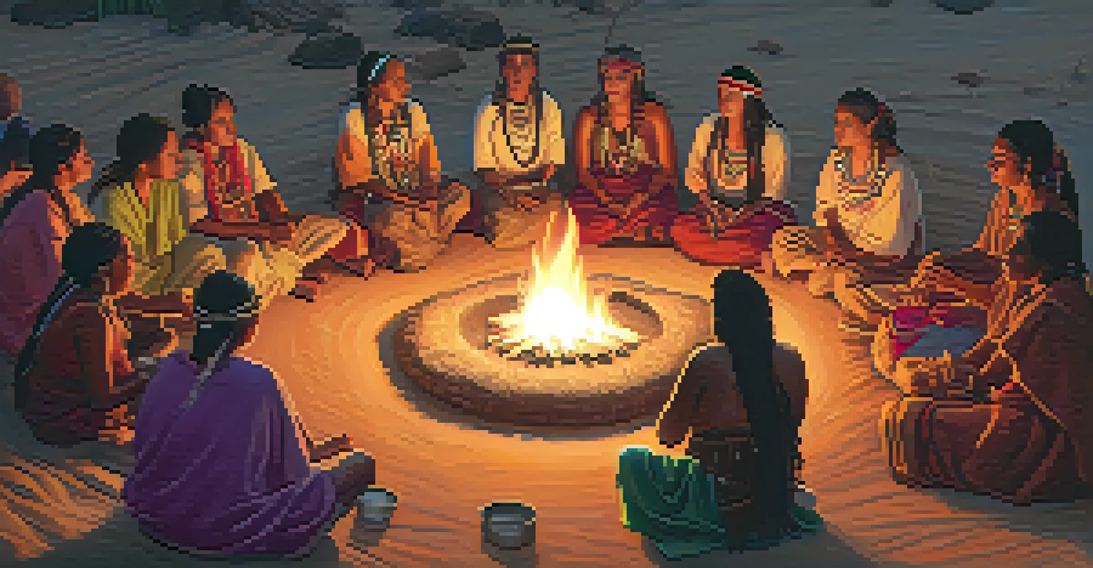 A circle of people in traditional clothing participate in a healing ritual, with colorful textiles and drums around a central fire.