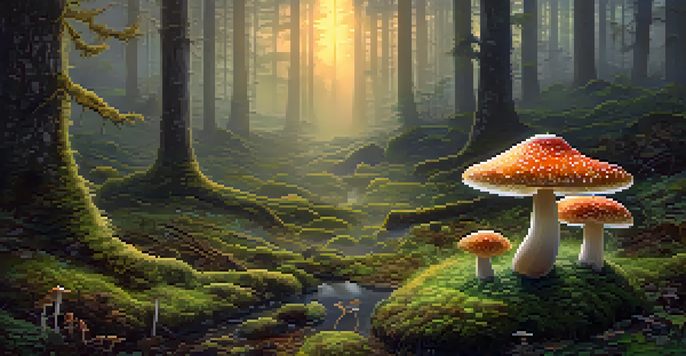 A peaceful forest at dawn with golden light, vibrant mushrooms in the foreground, and a gentle mist.