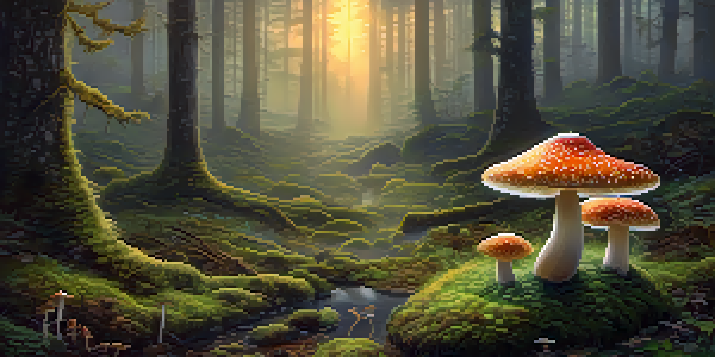 A peaceful forest at dawn with golden light, vibrant mushrooms in the foreground, and a gentle mist.
