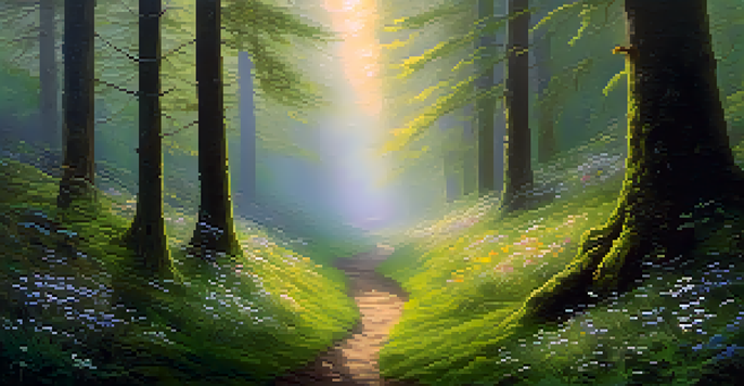 A tranquil forest at dawn with soft golden light, tall trees, green moss, and a winding path.