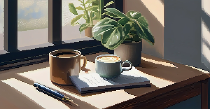 A cozy workspace with a wooden desk, a coffee cup, a notebook, a pen, and a small potted plant, lit by warm light.