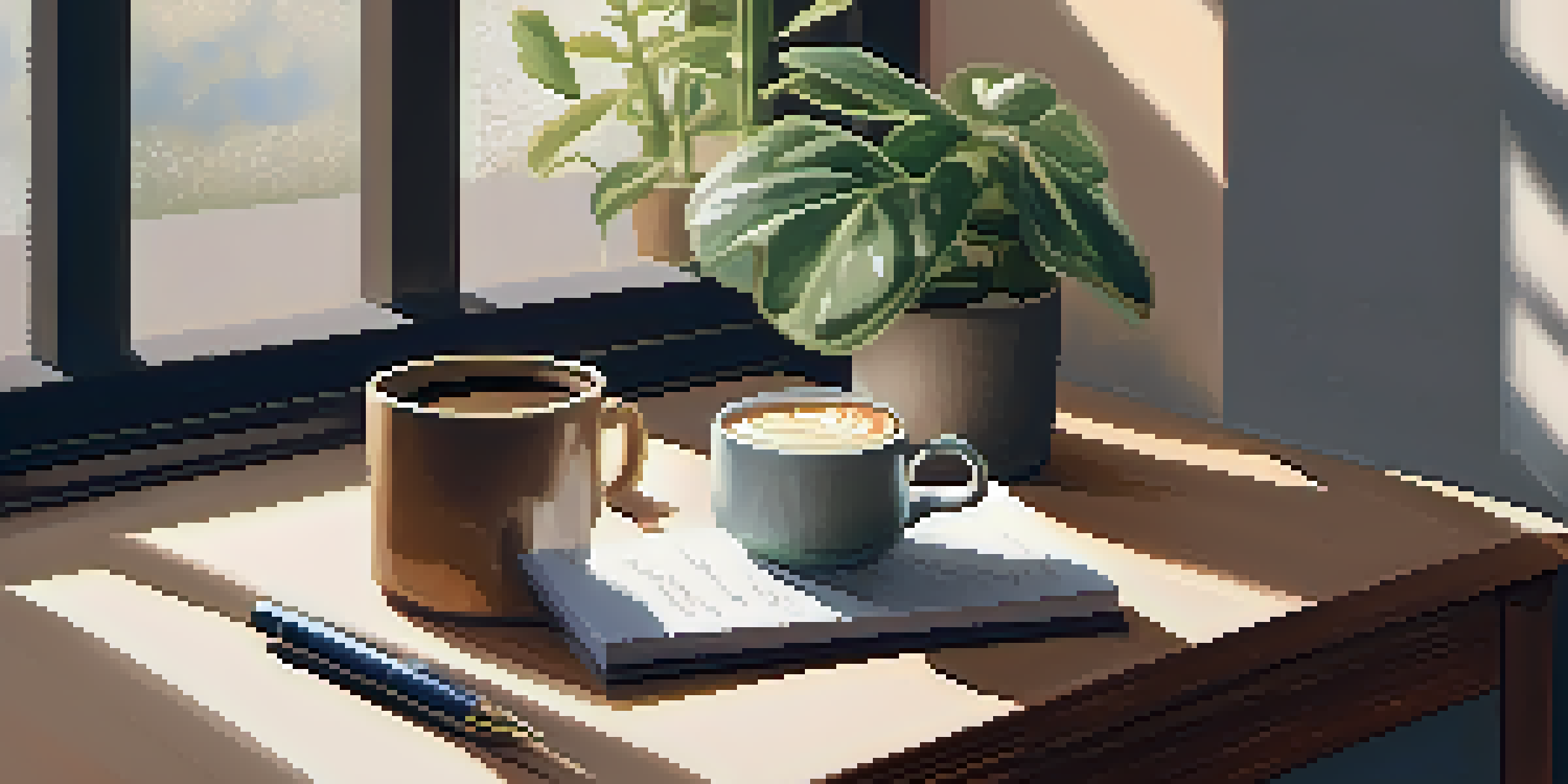 A cozy workspace with a wooden desk, a coffee cup, a notebook, a pen, and a small potted plant, lit by warm light.