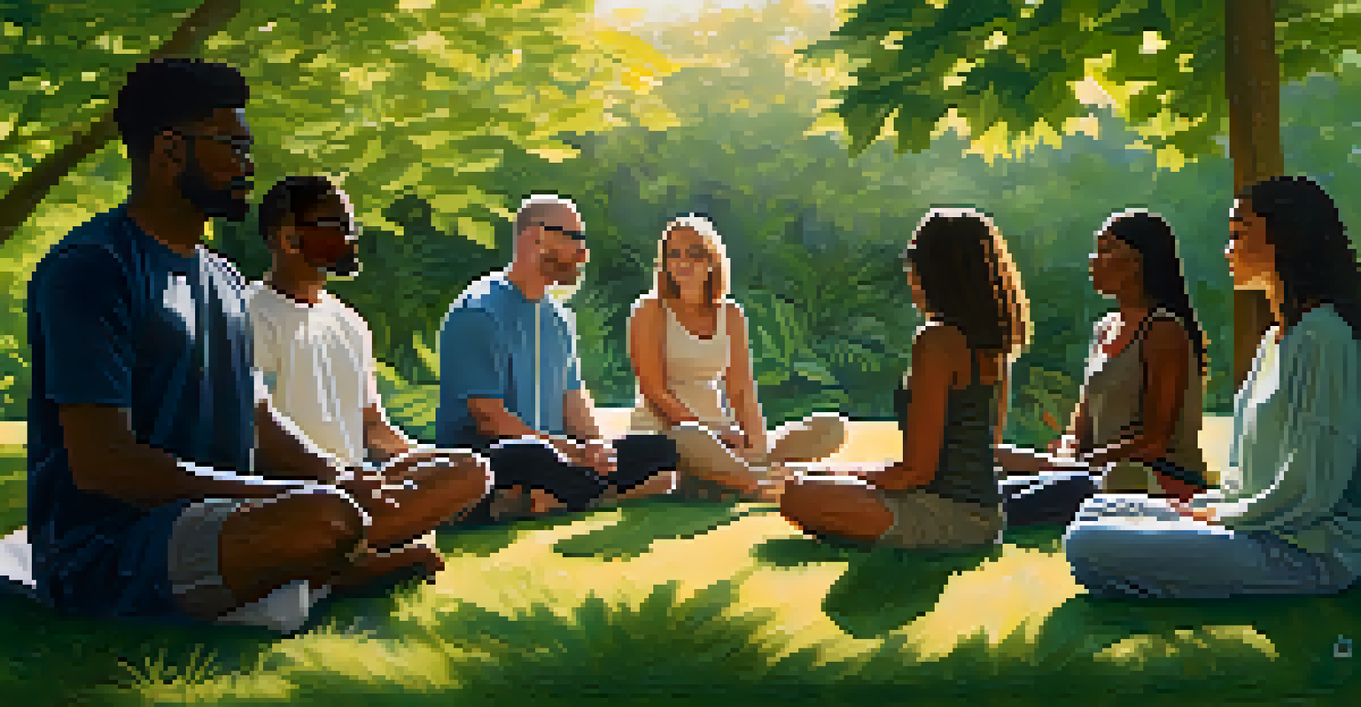 A diverse group of people in a circle outdoors, engaging in a guided meditation under sunlight.