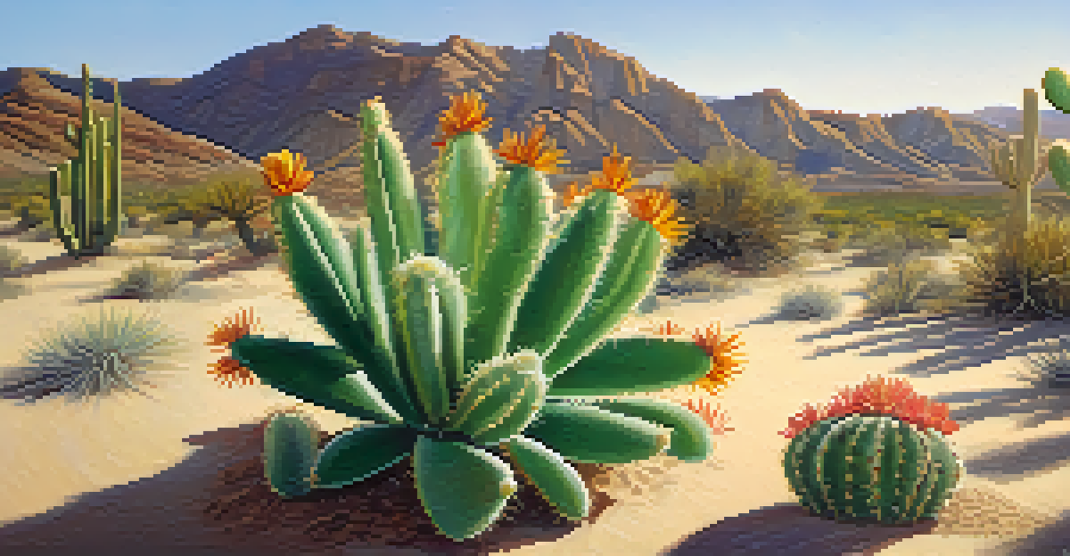 A close-up of a blooming peyote cactus in the desert, highlighted by sunlight and surrounded by green flora.