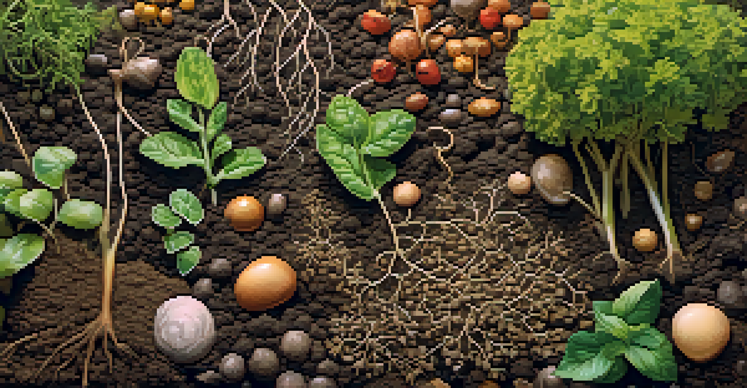 A close-up of healthy soil with roots from traditional crops and entheogenic plants, illuminated by soft sunlight, showcasing vibrant textures.