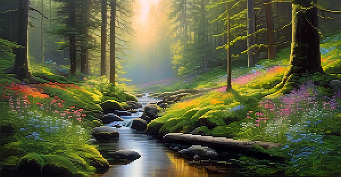 A peaceful forest landscape at dawn with sunlight filtering through trees and a misty stream.