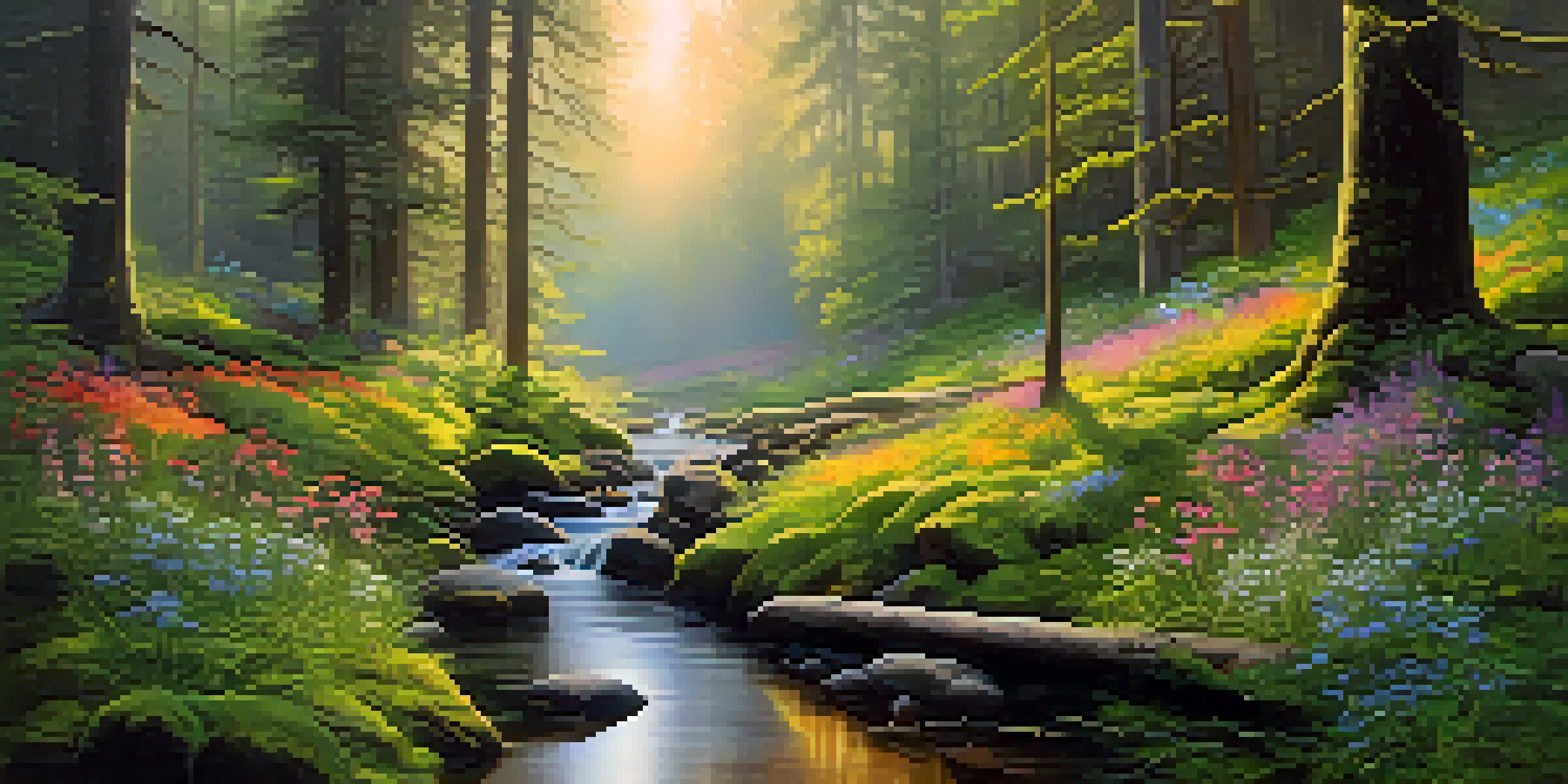 A peaceful forest landscape at dawn with sunlight filtering through trees and a misty stream.
