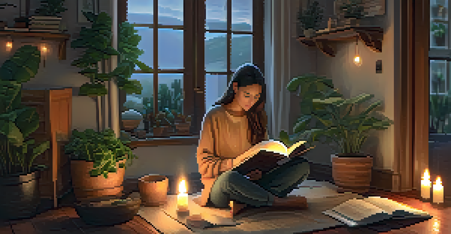 A person journaling in a cozy room filled with plants and candlelight, conveying a sense of mindfulness.
