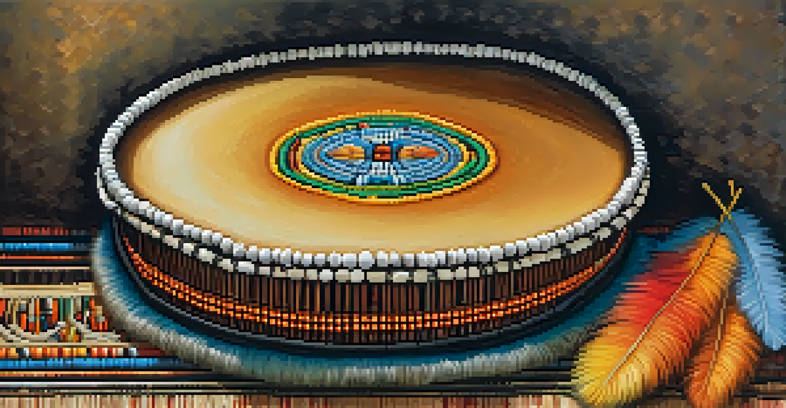 A close-up of a traditional shamanic drum with beads and feathers, placed on a woven mat, in soft natural lighting.