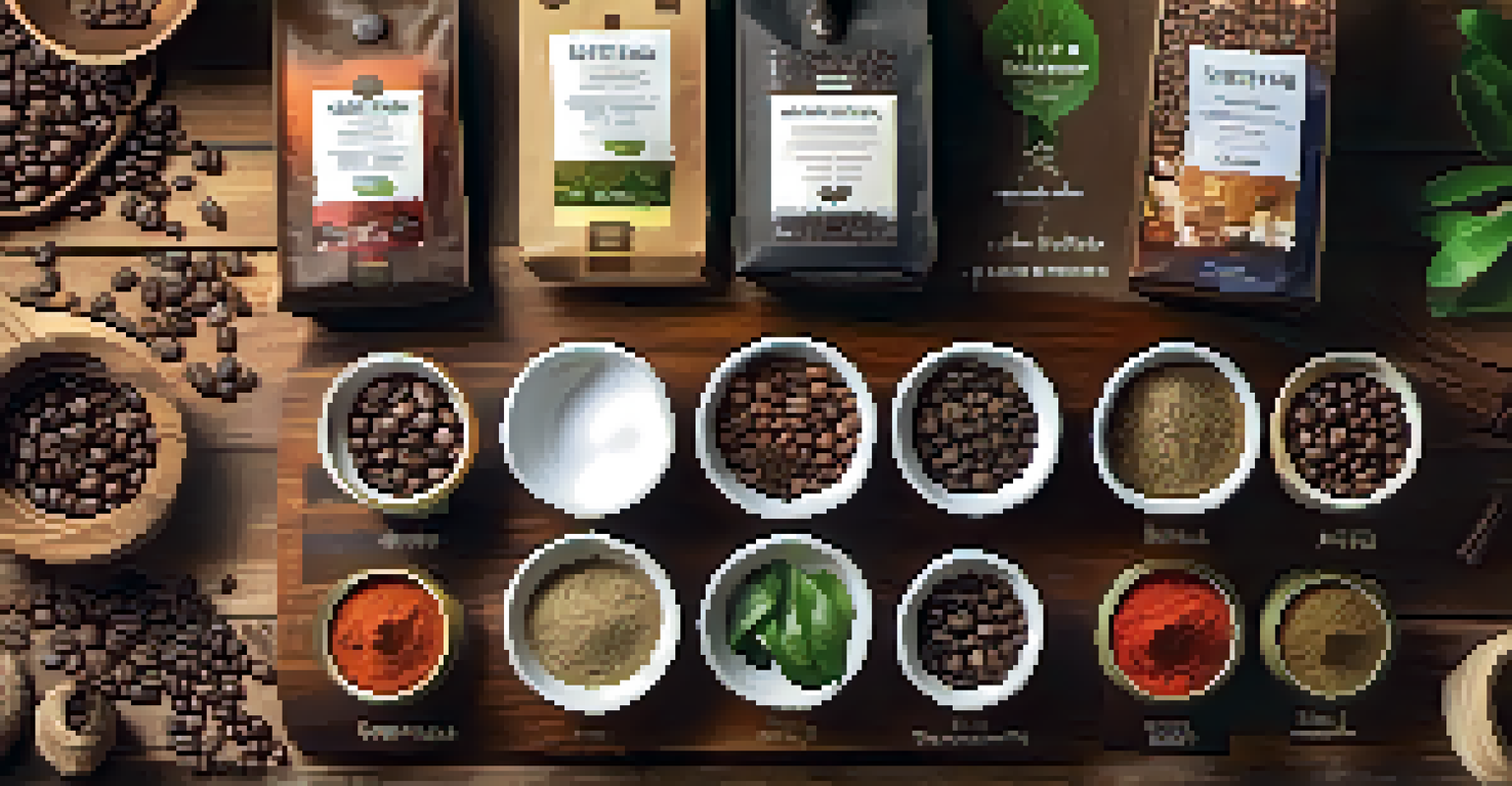 An artistic display of Fair Trade certified products like coffee, tea, and spices on a rustic wooden table.
