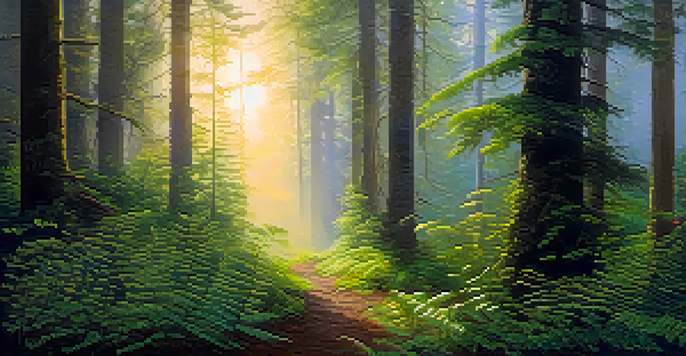 A tranquil forest illuminated by dawn light, featuring tall trees, green ferns, and colorful wildflowers, with mist rising from the ground.