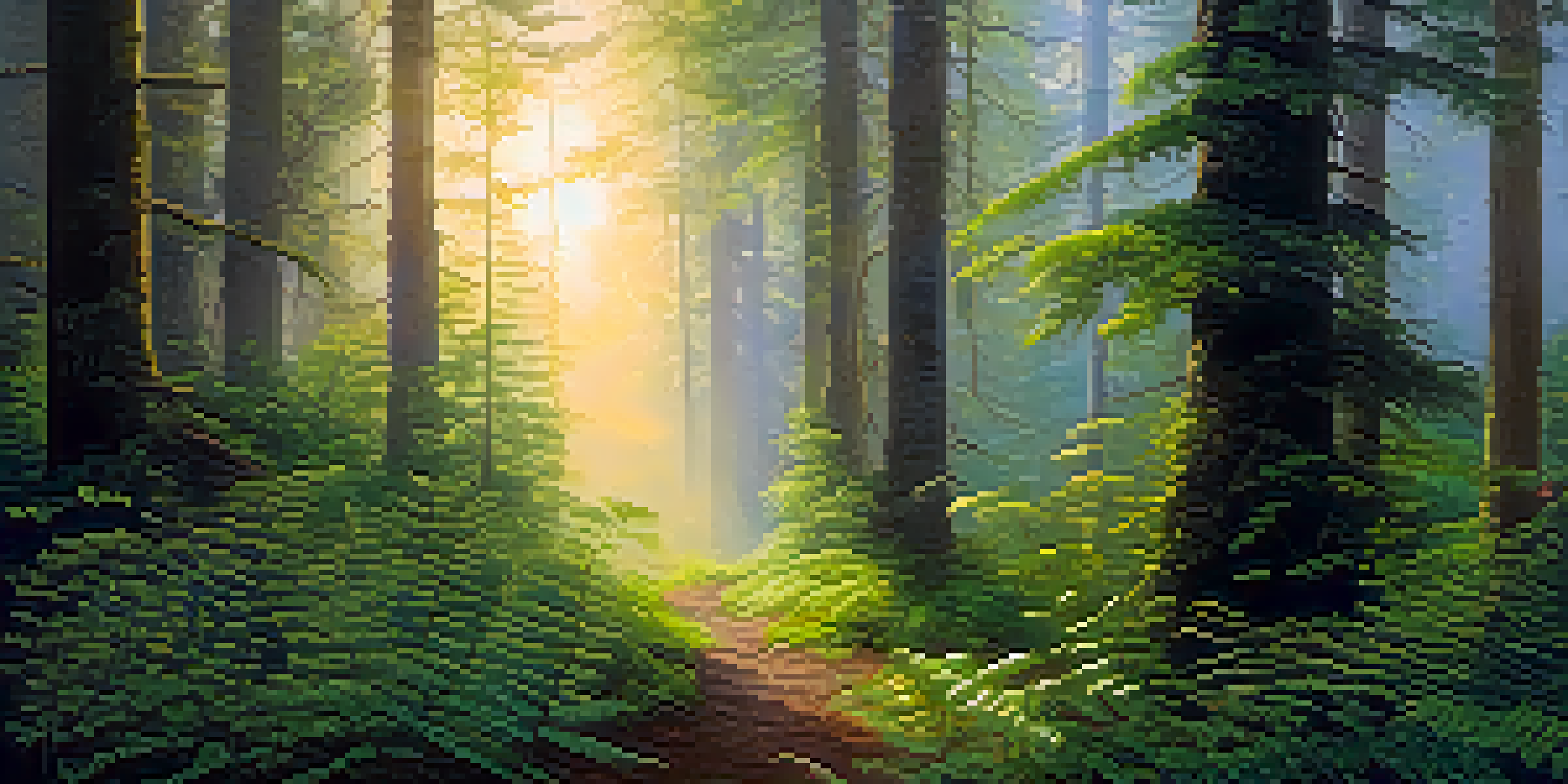 A tranquil forest illuminated by dawn light, featuring tall trees, green ferns, and colorful wildflowers, with mist rising from the ground.