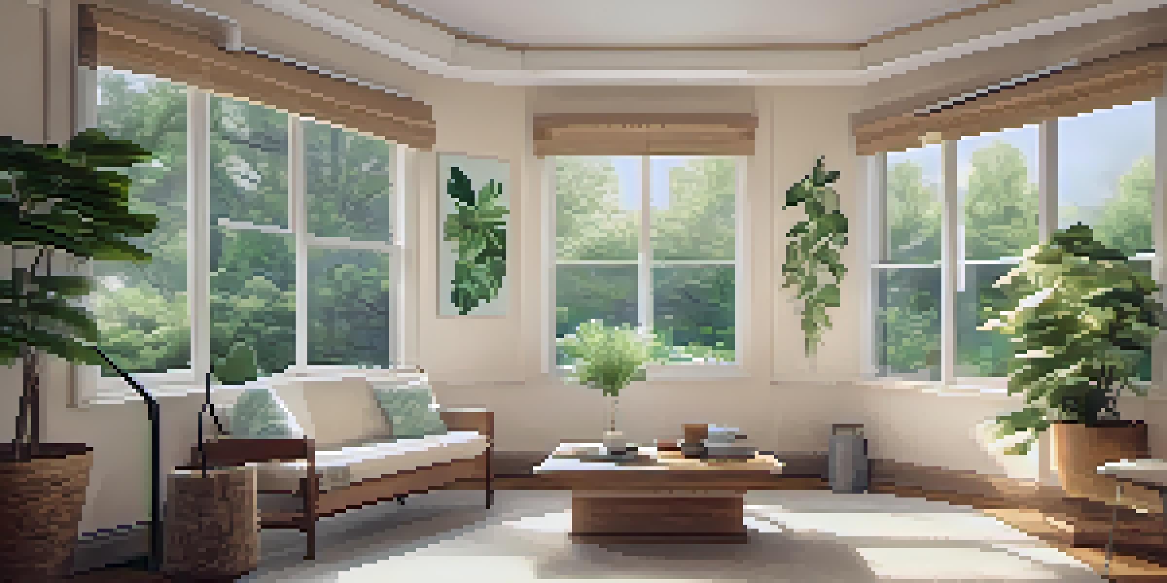 A cozy therapy room with soft lighting, comfortable seating, and nature-themed art on the walls.
