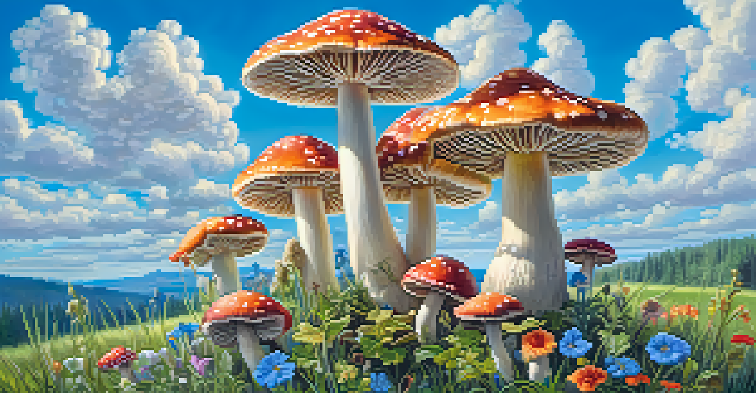 Psychedelic mushrooms in a vibrant meadow filled with colorful wildflowers under a bright blue sky with clouds.