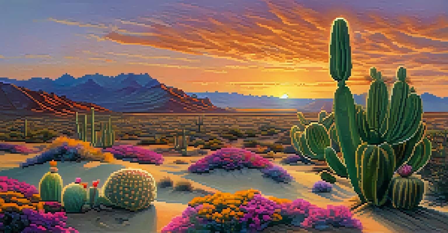 A peyote cactus blooming in a desert landscape during sunset, with colorful flowers, golden sand dunes, and a silhouette of a Native American figure in the distance.