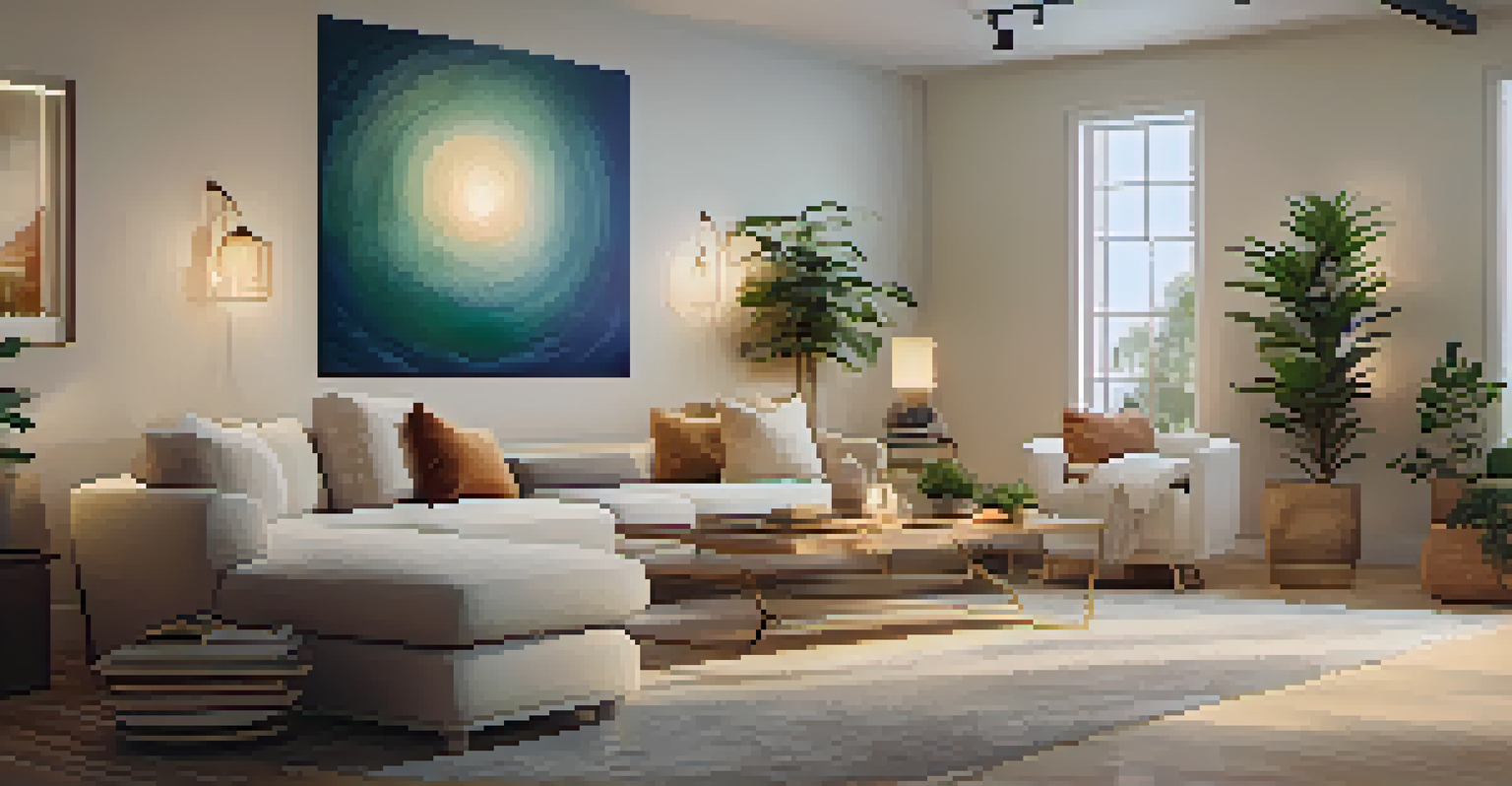A cozy and softly lit room for a modern entheogen retreat, with comfortable seating and diverse individuals sharing their experiences, creating a sense of community.