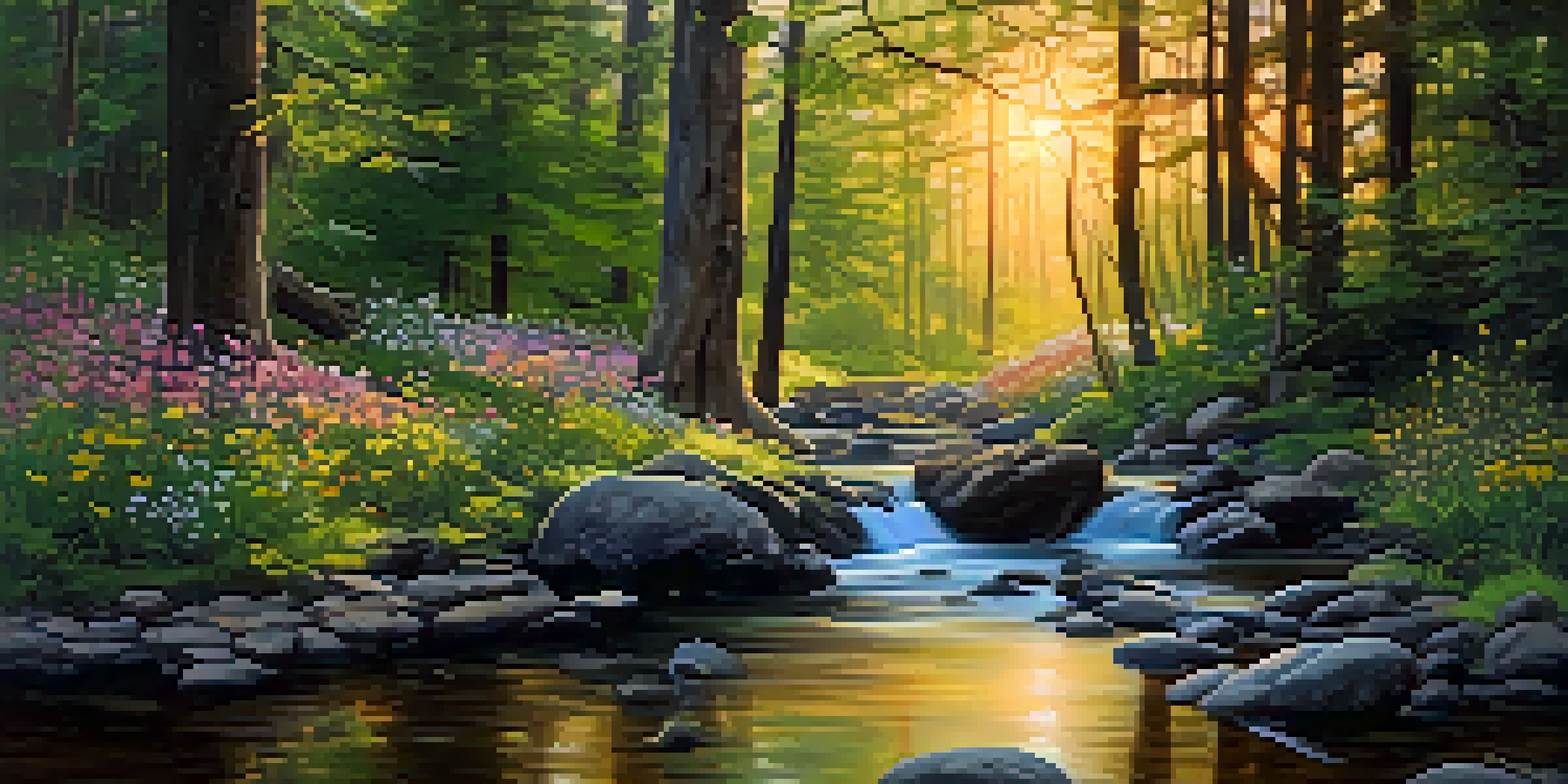 A peaceful forest scene at sunrise with golden light, a flowing stream, and vibrant wildflowers.