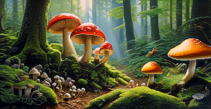 A tranquil forest filled with various mushrooms and soft moss, with sunlight filtering through the trees and small animals in the background.