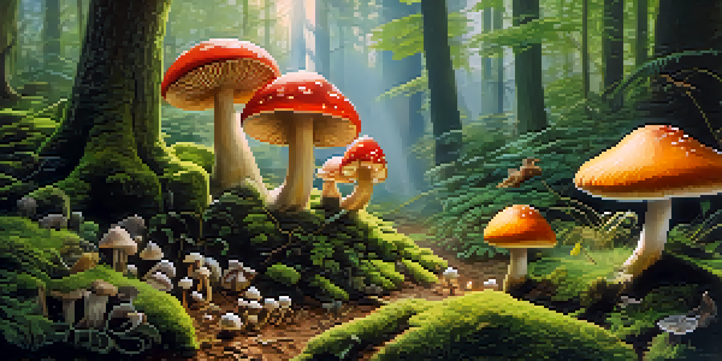 A tranquil forest filled with various mushrooms and soft moss, with sunlight filtering through the trees and small animals in the background.