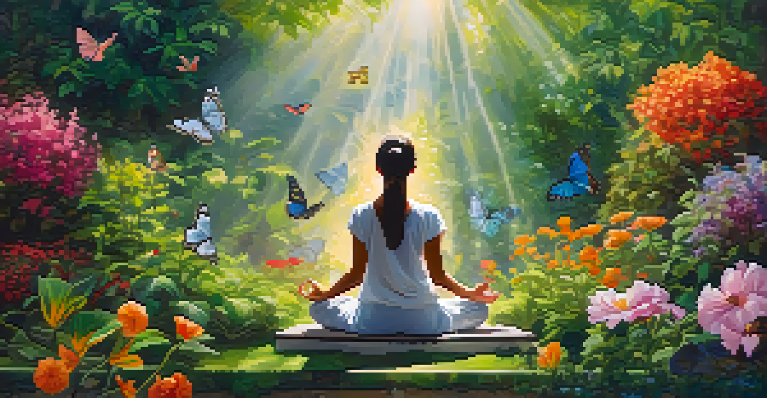 A person meditating in a vibrant garden with flowers, light beams, butterflies, and birds, symbolizing peace.