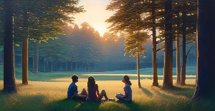 A group of friends sitting on grass in a forest during twilight, engaged in conversation, with soft lighting and warm sunset colors.