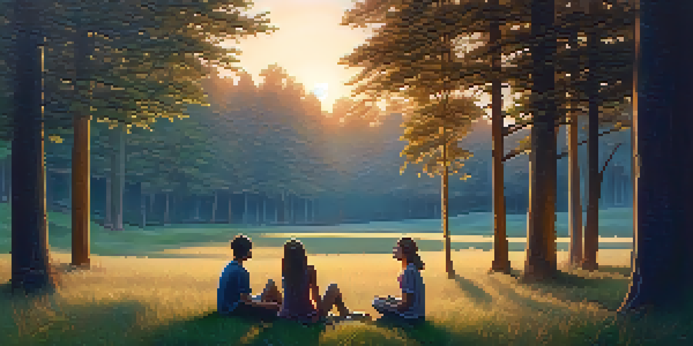 A group of friends sitting on grass in a forest during twilight, engaged in conversation, with soft lighting and warm sunset colors.