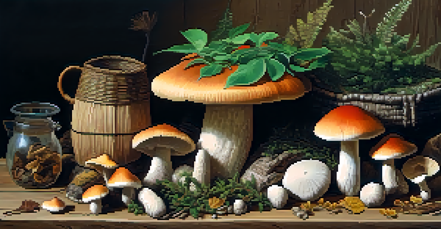 A close-up of entheogenic plants on a wooden table, with colorful mushrooms, dried leaves, and traditional artifacts in warm lighting.