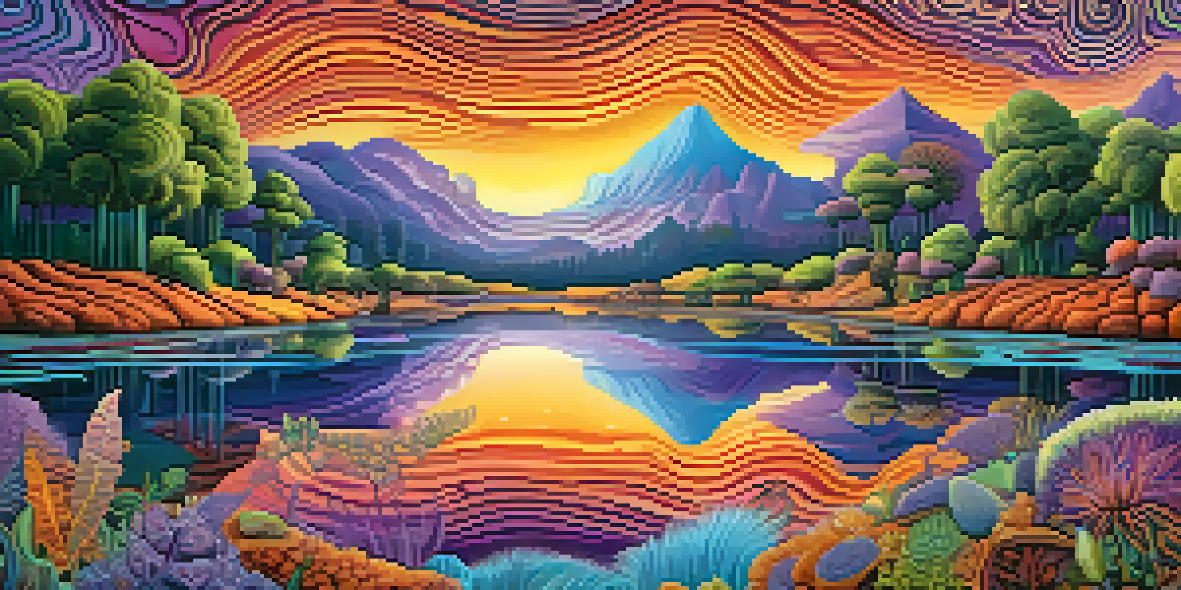 A surreal landscape with a tranquil lake reflecting a vibrant sky of purple and orange, surrounded by fantastical plants and swirling patterns.