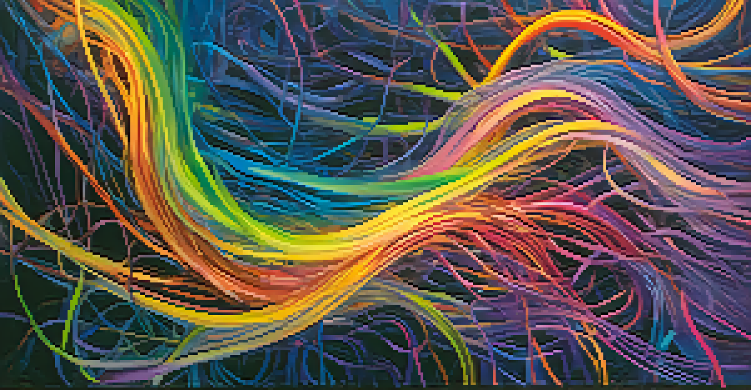An abstract artwork depicting vibrant colors and swirling patterns representing interconnected neural pathways against a deep blue and purple background.
