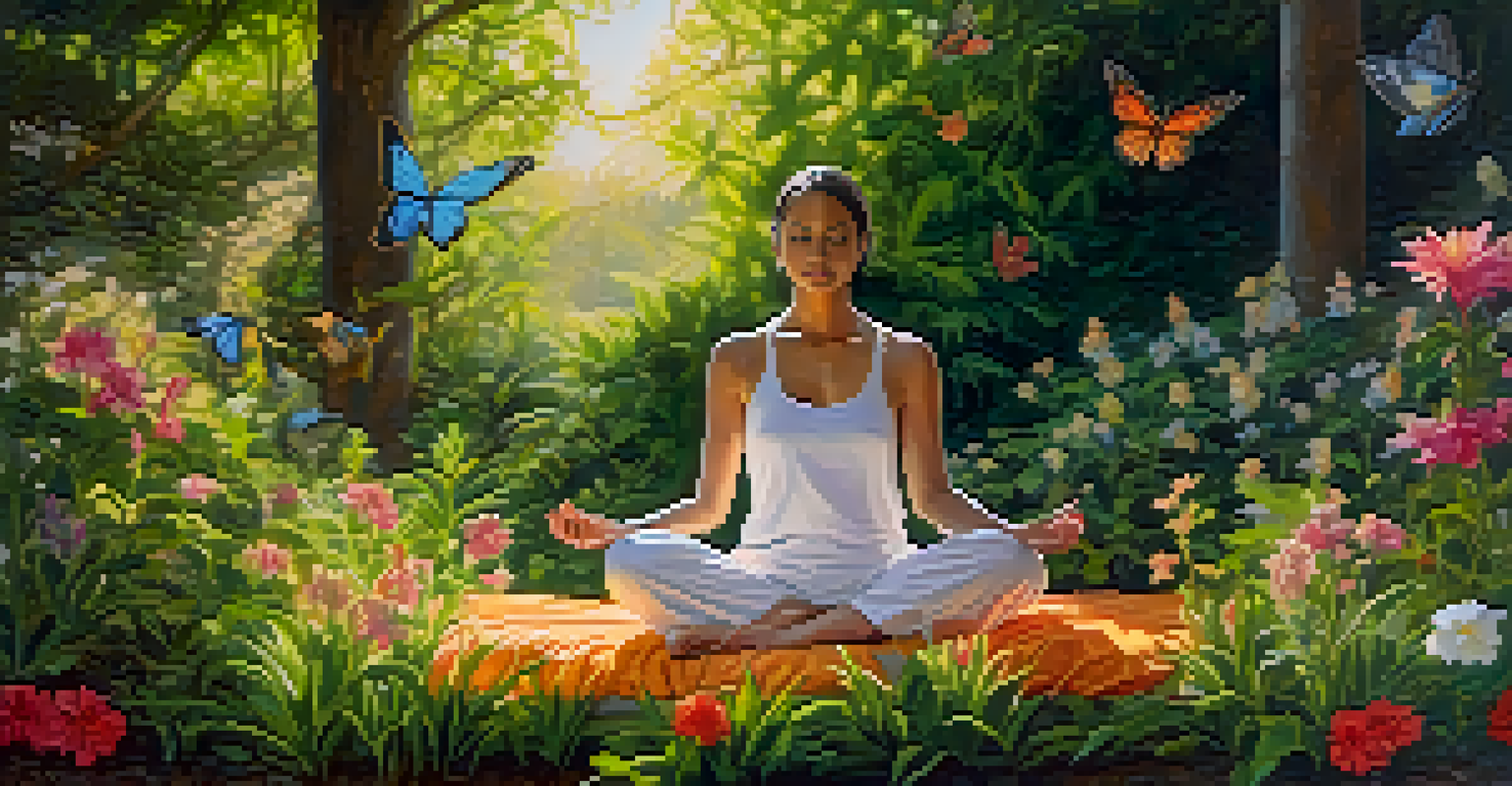 A person meditating in a vibrant garden filled with flowers and greenery, radiating tranquility.