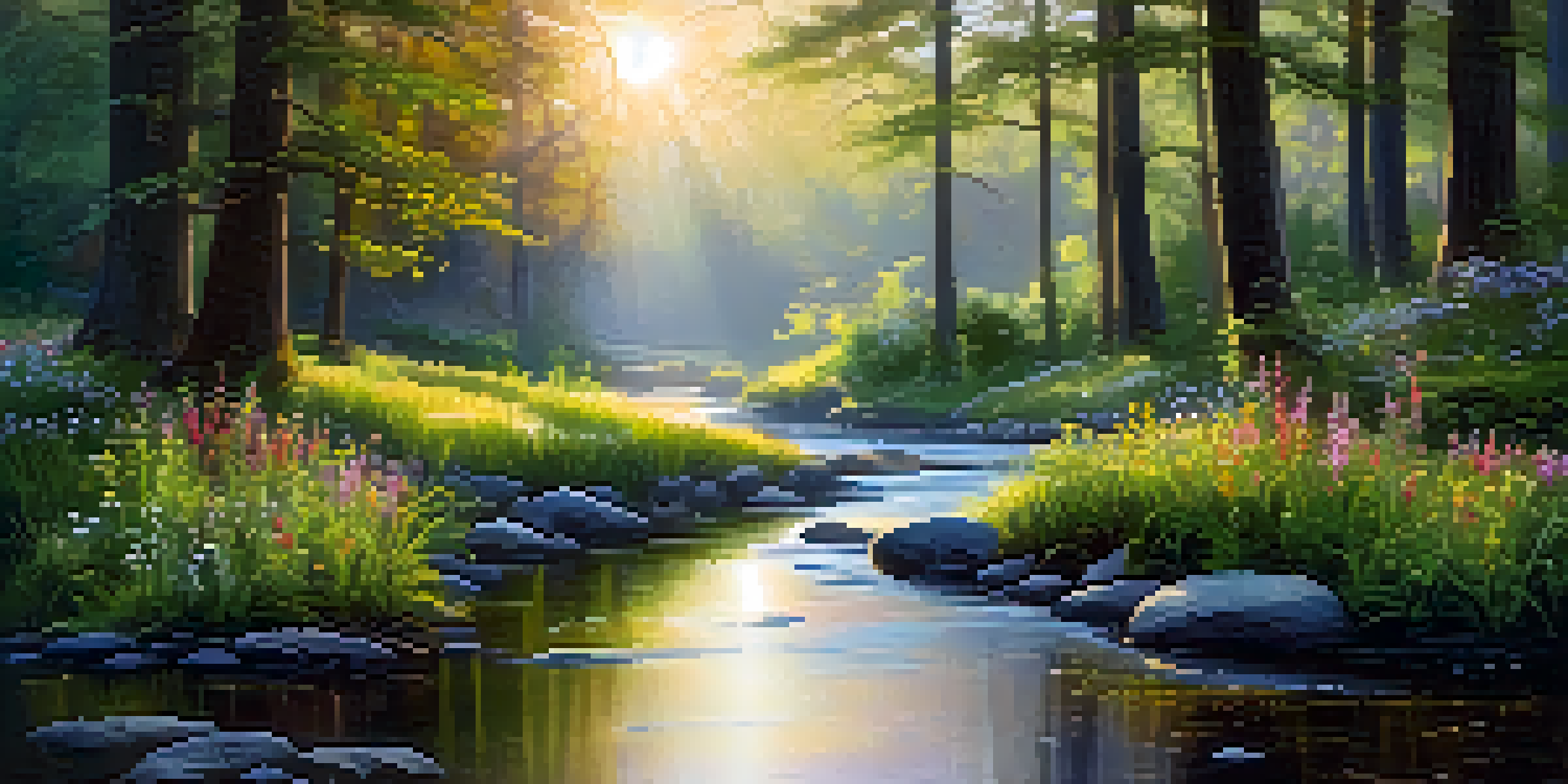 A peaceful forest scene at dawn with sunlight filtering through trees, a glistening stream, and colorful wildflowers.