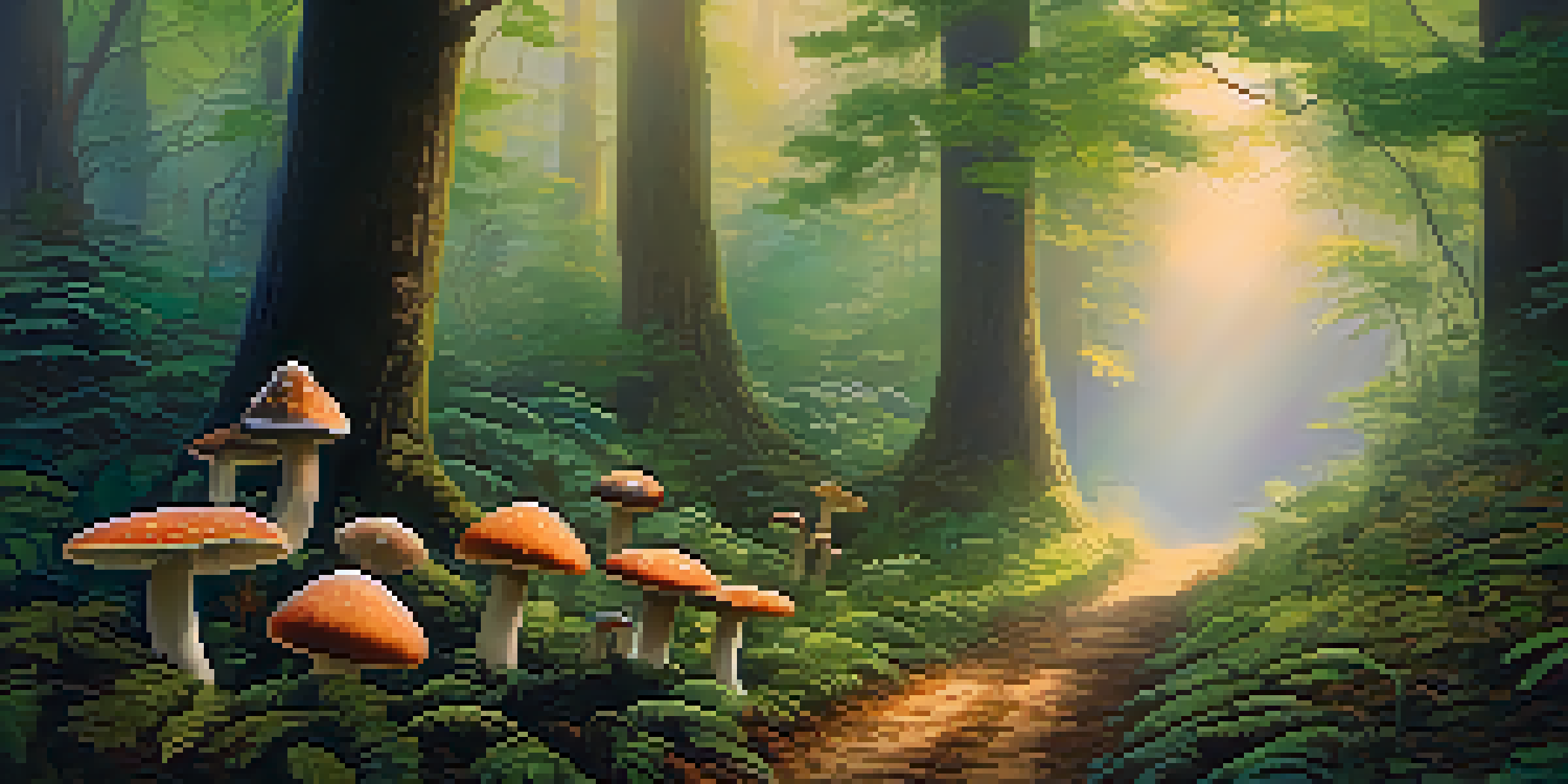 A peaceful forest at dawn with sunlight shining through trees and illuminating a path covered with mushrooms.