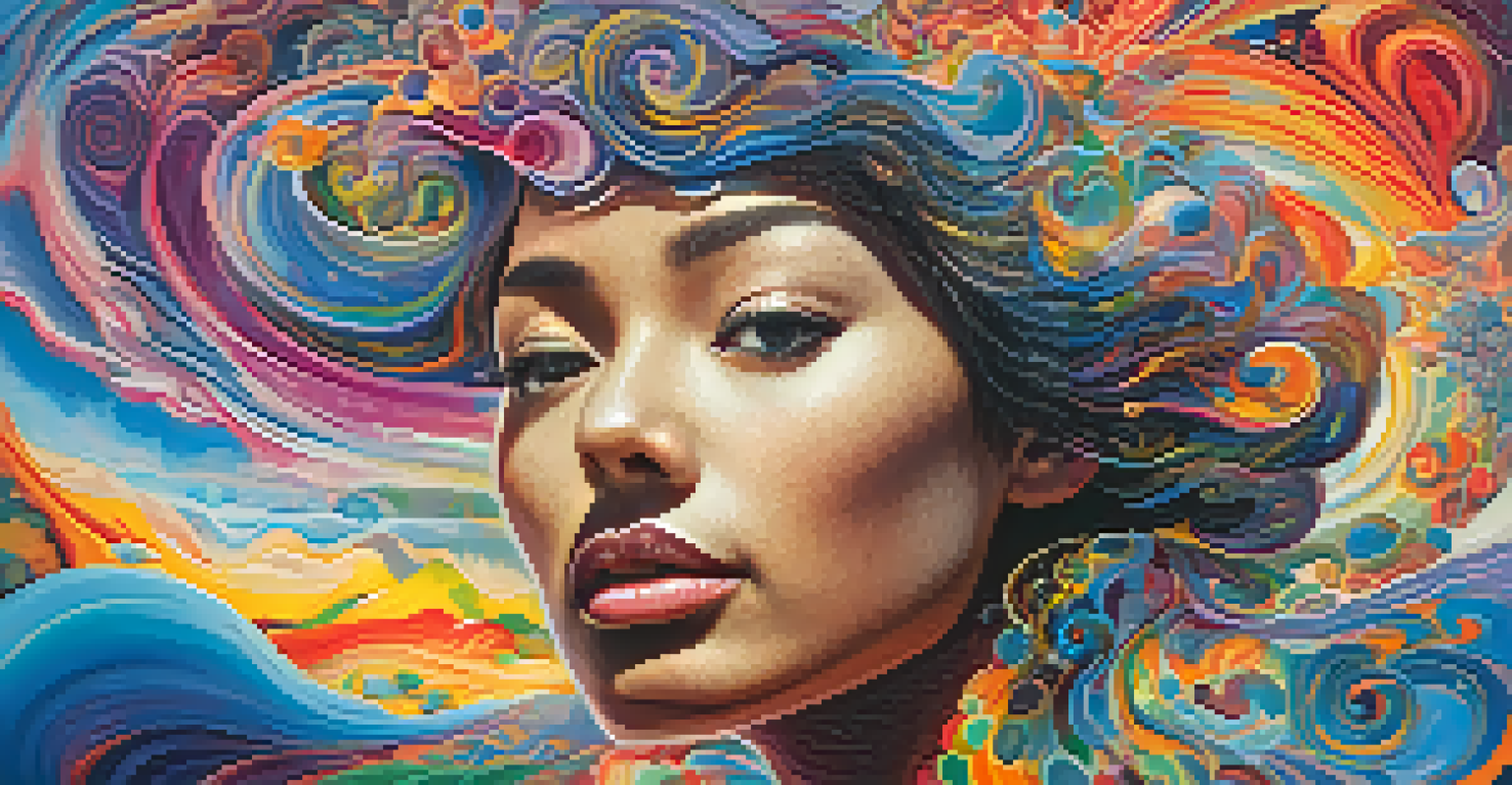 An abstract visualization of a person's mind during a psychedelic experience, featuring vibrant colors and swirling patterns representing emotions and insights.