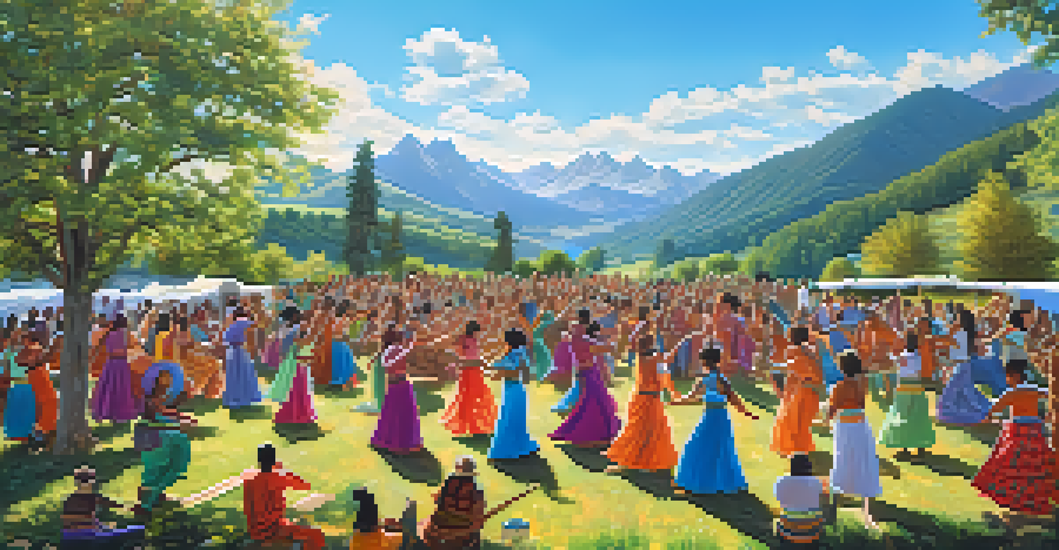 A lively outdoor gathering of people dancing and playing music, dressed in colorful traditional attire, with a scenic landscape in the background.