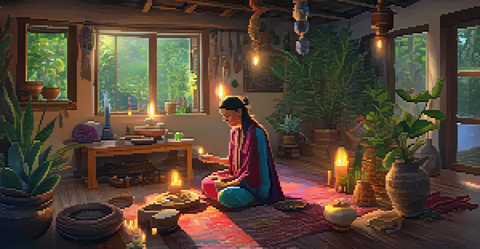 A modern shaman performs a healing ritual in a warmly lit room filled with plants and crystals, preparing herbs on a wooden table.
