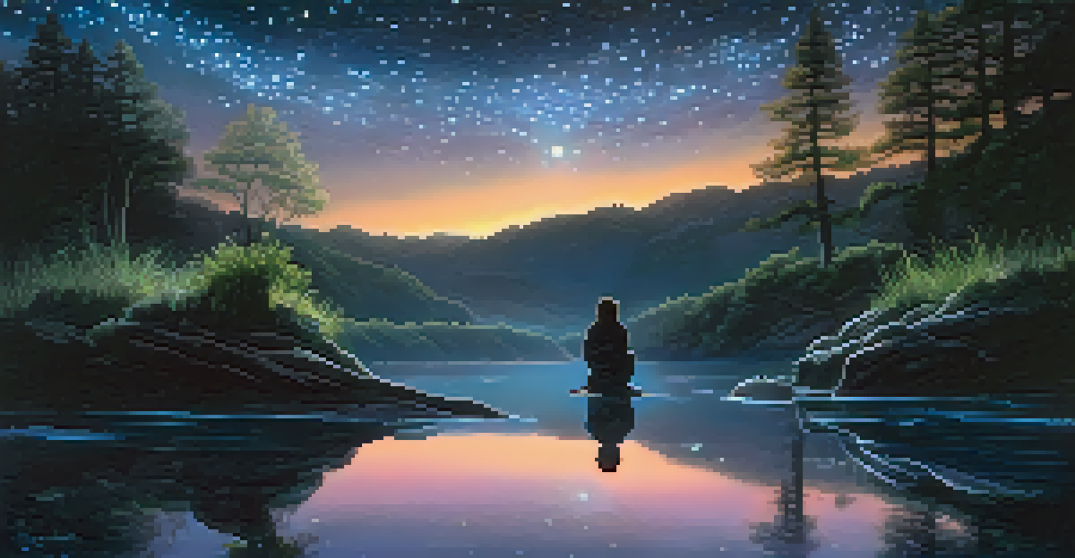 A person meditating on a rock by a glowing river under a starry sky, reflecting the serene connection with nature.