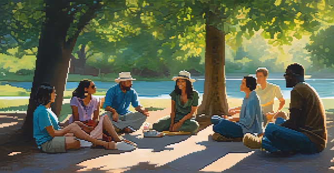A diverse group of people sitting in a circle outdoors, engaged in a discussion under soft sunlight with trees and flowers around them.