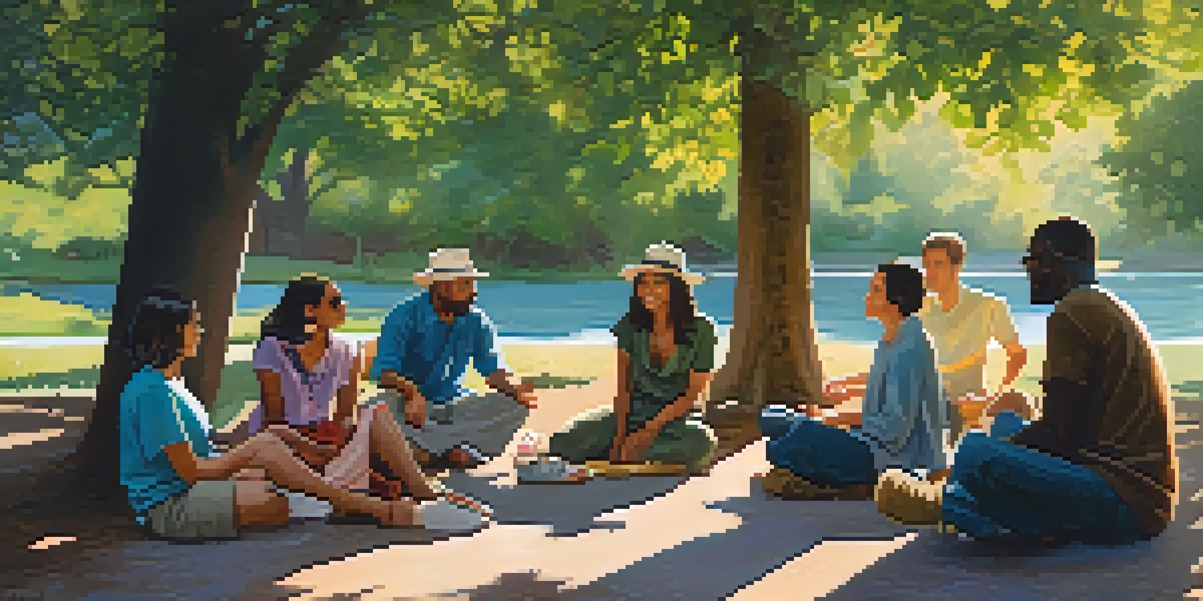 A diverse group of people sitting in a circle outdoors, engaged in a discussion under soft sunlight with trees and flowers around them.