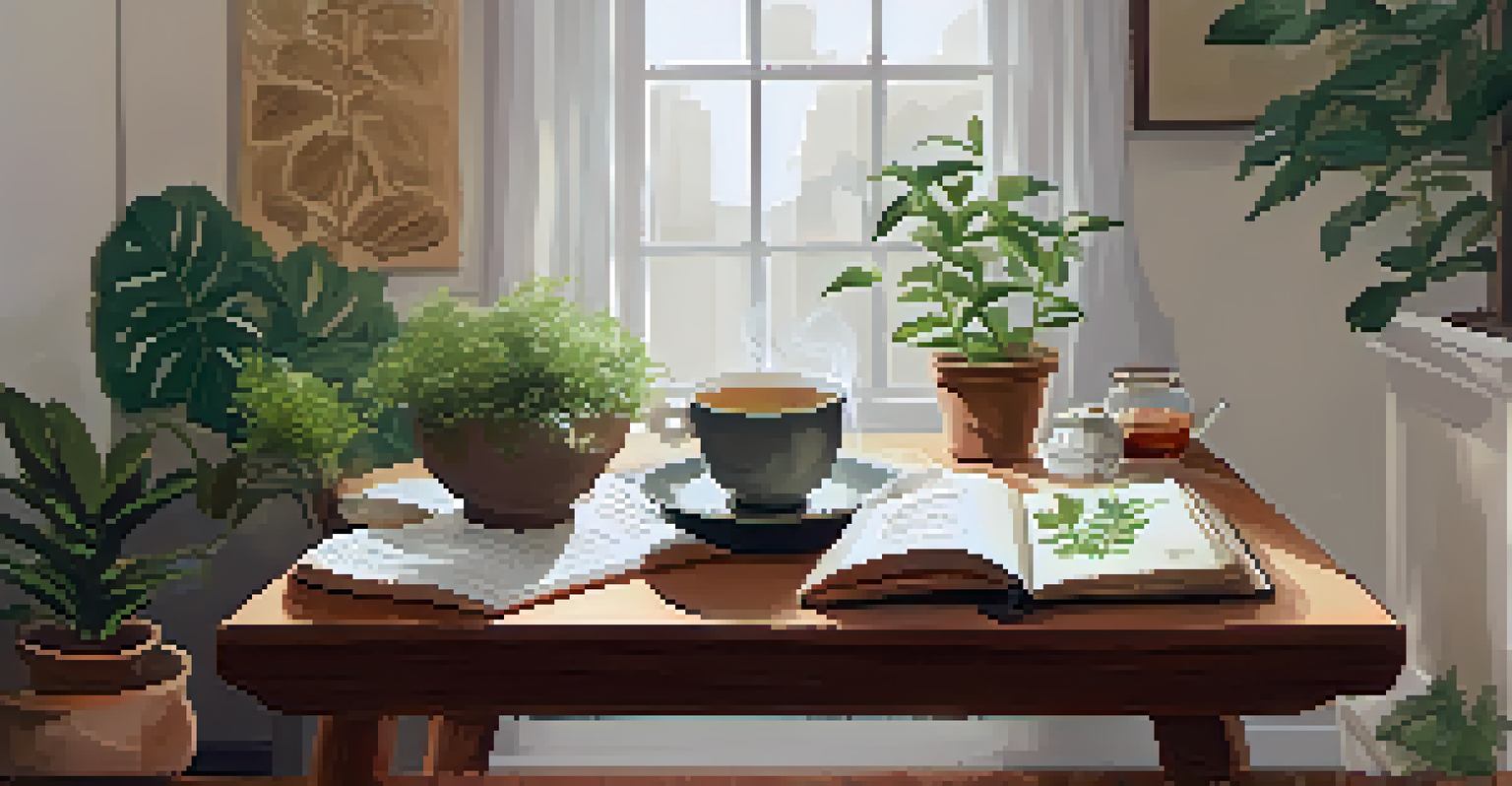 A cozy indoor space with plants, a journal on a wooden table, and a cup of herbal tea.